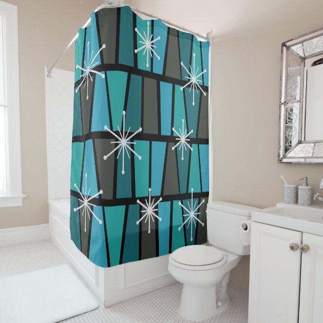 Geometric MCM Abstract Turquoise Teal Shower Curtain (In Situ)