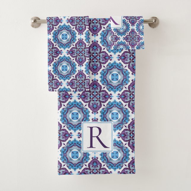 Geometric Mediterranean blue purple pattern Bath Towel Set (Insitu)