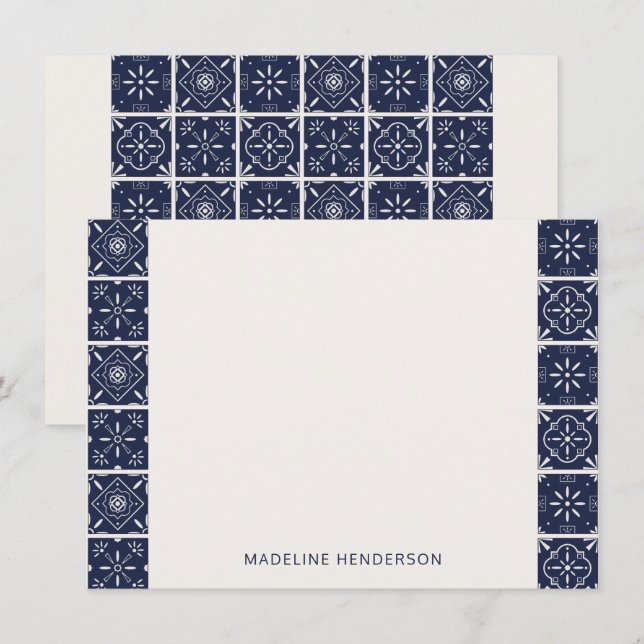 Geometric Mediterranean Tiles Dark Blue Monogram Note Card (Front/Back)