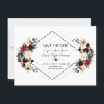 Geometric Merlot Navy Blue Floral Save The Date<br><div class="desc">Elegant card design featuring gorgeous watercolour burgundy, merlot & navy blue flowers bouquets, a double diamond shape, on white and on the back the same flowers on a navy blue background. It could be a great choice for any season wedding, especially, for fall weddings and winter. Use Customize tool to...</div>