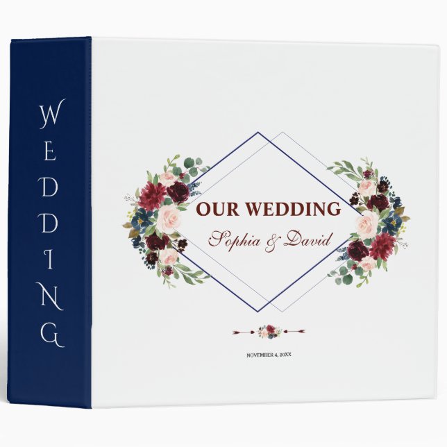 Geometric Merlot Navy Blue Floral Wedding Album 3 Ring Binder (Front/Spine)