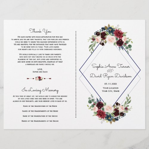 Geometric Merlot Navy Blue Floral Wedding Program