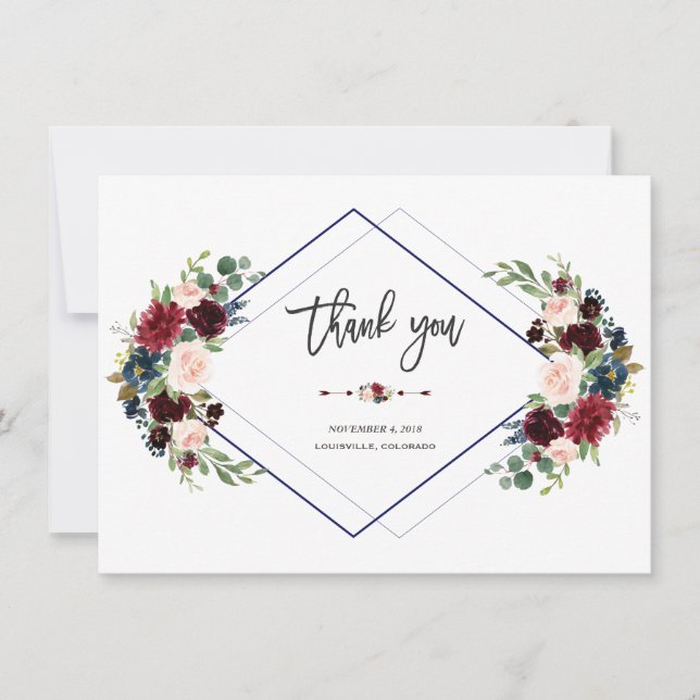 Geometric Merlot Navy Floral Wedding Thank you (Front)