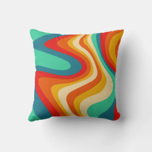 Geometric Mid Century Retro Waves Rainbow Trendy Throw Pillow