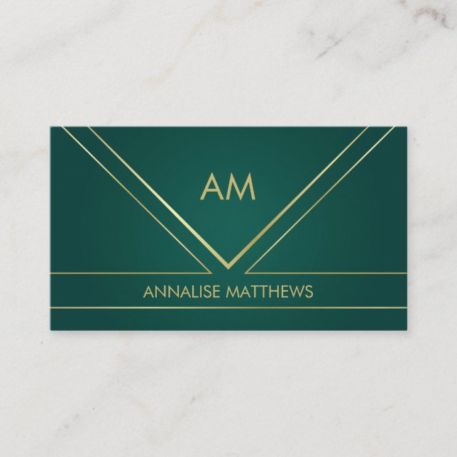 Geometric  Minimal Gold Monogram Emerald Green Business Card (Front)