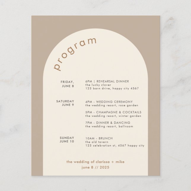 Geometric Minimal Sand Arch Wedding Itinerary (Front)