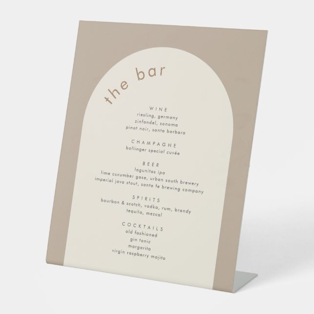 Geometric Minimal Sand Beige Arch Wedding Bar Pedestal Sign (Front)