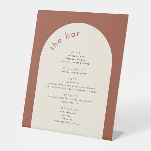 Geometric Minimal Terracotta Arch Wedding Bar Pedestal Sign