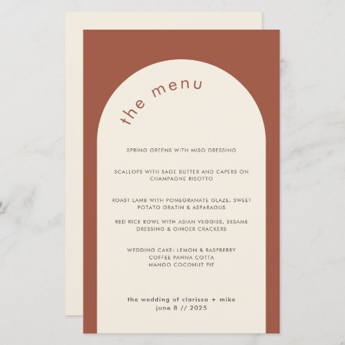 Geometric Minimal Terracotta Arch Wedding Menu