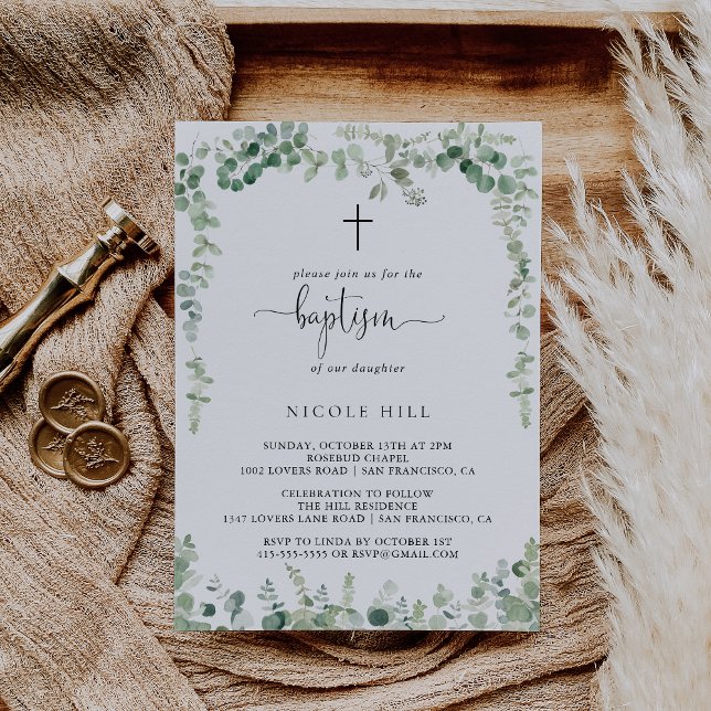 Geometric Minimalist Eucalyptus Baptism   Invitation (Creator Uploaded)