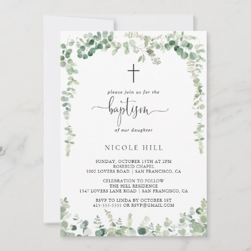 Geometric Minimalist Eucalyptus Baptism Invitation | Zazzle