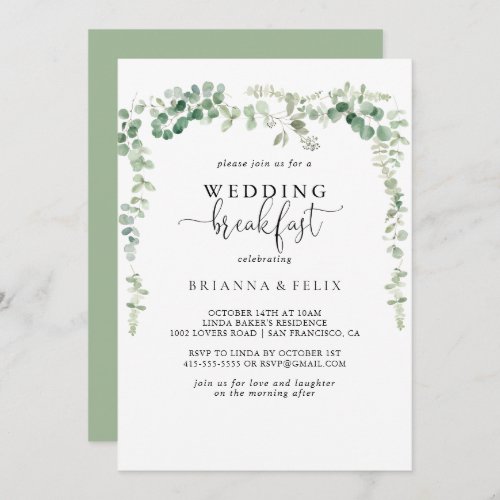 Geometric Minimalist Eucalyptus Wedding Breakfast  Invitation