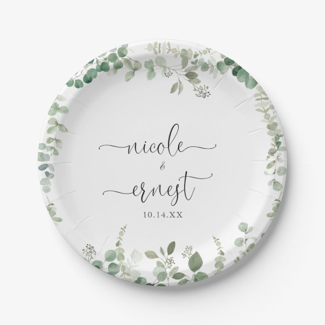 Geometric Minimalist Eucalyptus Wedding Cake  Paper Plates (Front)