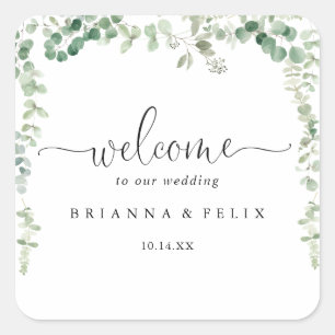 Geometric Minimalist Eucalyptus Wedding Welcome Square Sticker