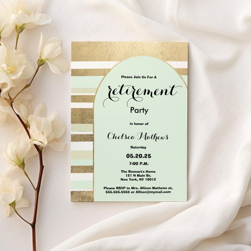 Geometric mint green gold arch Retirement Party  Invitation