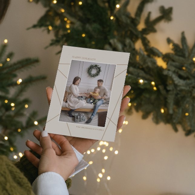 Geometric Mocha Beige Happy Holidays Family Photo Holiday Card (Creator Uploaded)