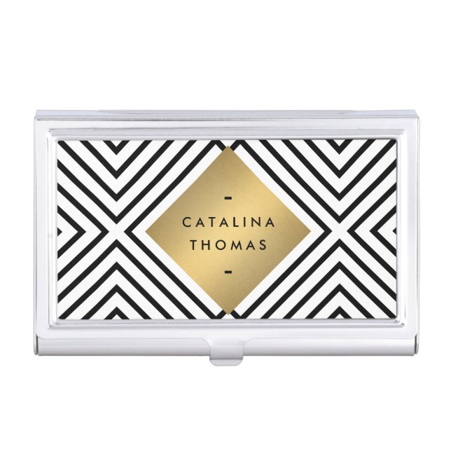 Geometric Mod Bold Black and White Pattern Business Card Holder (Front)
