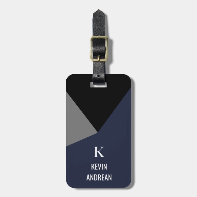 Geometric Modern Black Grey Navy Blue Luggage Tag (Front Vertical)