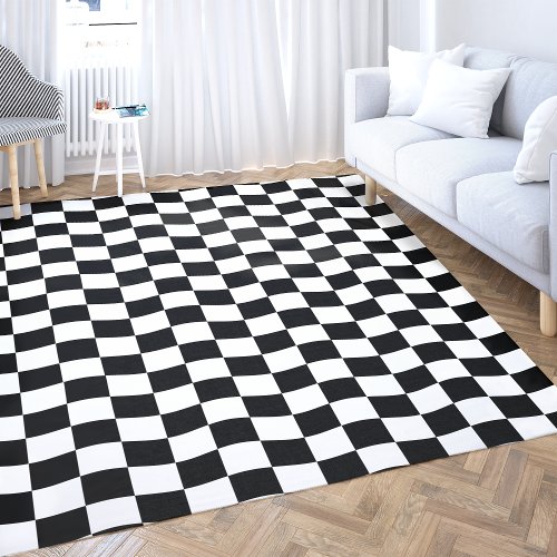 Geometric Modern Black White Wavy Checkerboard Rug