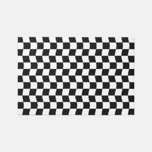 Geometric Modern Black White Wavy Checkerboard Rug