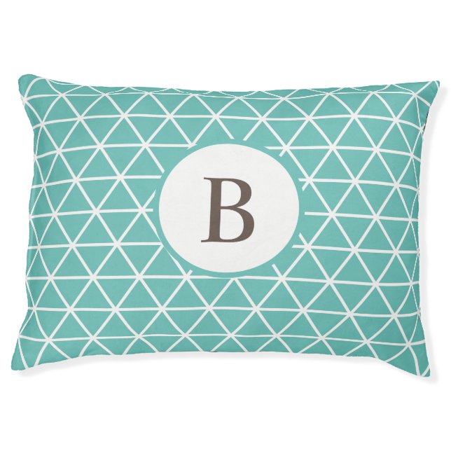 Geometric, modern, blue, monogrammed pet bed (Front)