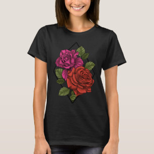 Geometric Modern Garden Pink and Red Roses T-Shirt