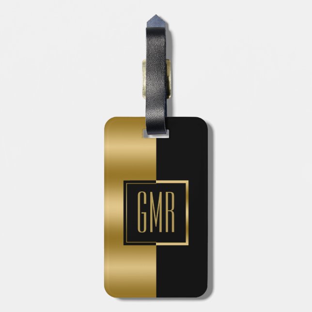 Geometric Modern Gold & Black Stripe Monogram Luggage Tag (Back Vertical)