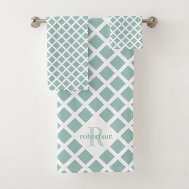 Geometric Modern Teal and White Pattern Monogram Bath Towel Set | Zazzle
