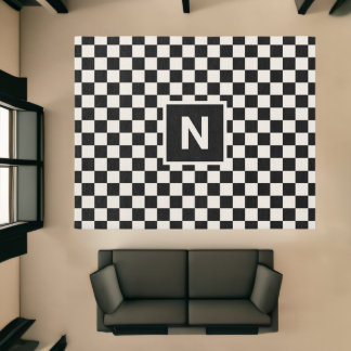 Geometric Monogram Black Cream Checkered Pattern Rug