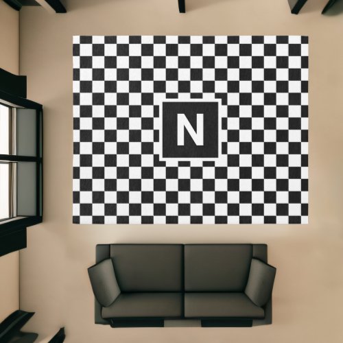 Geometric Monogram Black White Checkered Pattern Rug