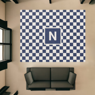 Geometric Monogram Navy Cream Checkered Pattern Rug