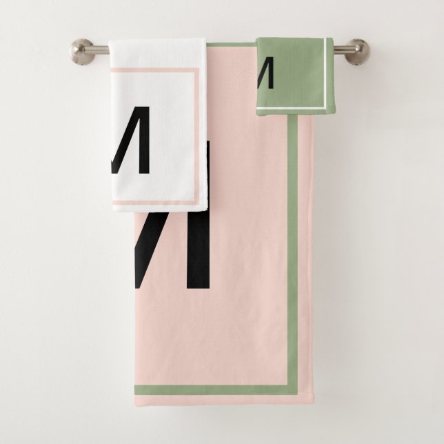 Geometric Monogram Pink Green White Stripes Bath Towel Set (Insitu)