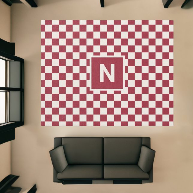 Geometric Monogram Red Cream Checkered Pattern Rug (Insitu (Indoor 1))
