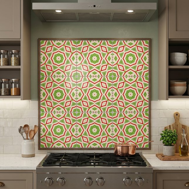 Geometric Moroccan Mosaic Red Green Star Pattern Ceramic Tile (Creator Uploaded)