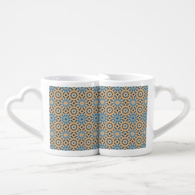 Geometric Moroccan Tile & Orange Pattern Coffee Mug Set (Front Nesting)