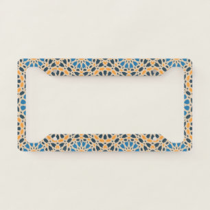 Geometric Moroccan Tile & Orange Pattern License Plate Frame