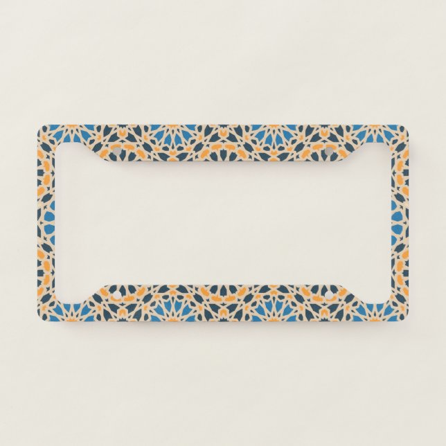 Geometric Moroccan Tile & Orange Pattern License Plate Frame (Front)