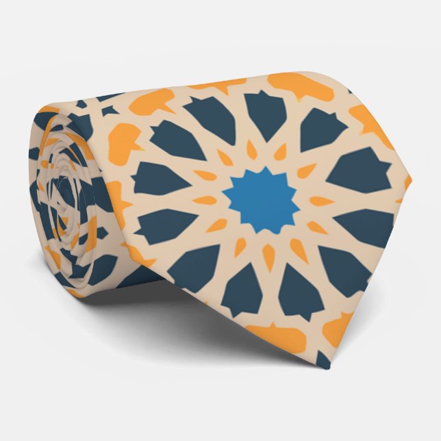 Geometric Moroccan Tile & Orange Pattern Neck Tie (Rolled)