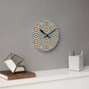 Geometric Moroccan Tile & Orange Pattern Round Clock
