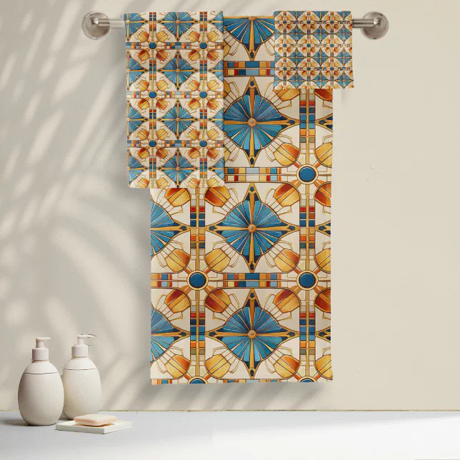 Geometric Moroccan Tile Pattern#1 Teal Gold ID1077 Bath Towel Set | Zazzle