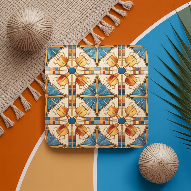 Geometric Moroccan Tile Pattern#1 Teal Gold ID1077 Square Paper Coaster (Creator Uploaded)