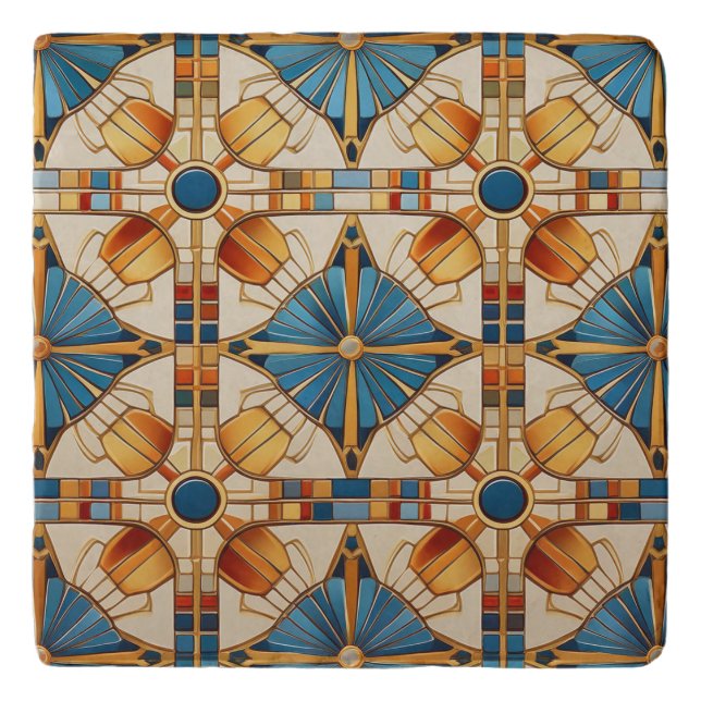 Geometric Moroccan Tile Pattern#1 Teal Gold ID1077 Trivet (Front)