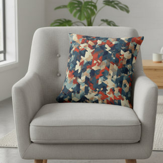 Geometric Mosaic in Blue and Red Throw Pillow