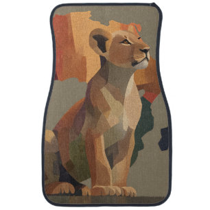Geometric Mosaic Lioness with Stylized Africa Map Car Floor Mat