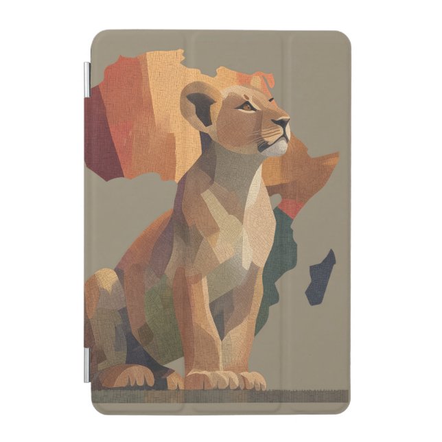 Geometric Mosaic Lioness with Stylized Africa Map  iPad Mini Cover (Front)