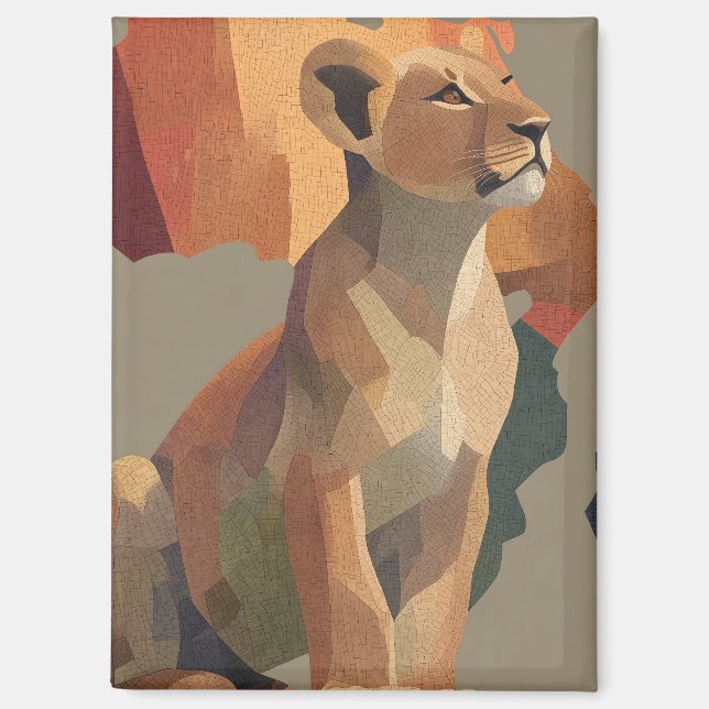 Geometric Mosaic Lioness with Stylized Africa Map  Magnet (Front)