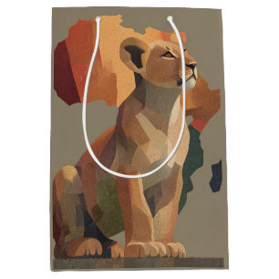Geometric Mosaic Lioness with Stylized Africa Map  Medium Gift Bag