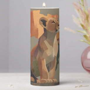 Geometric Mosaic Lioness with Stylized Africa Map Pillar Candle