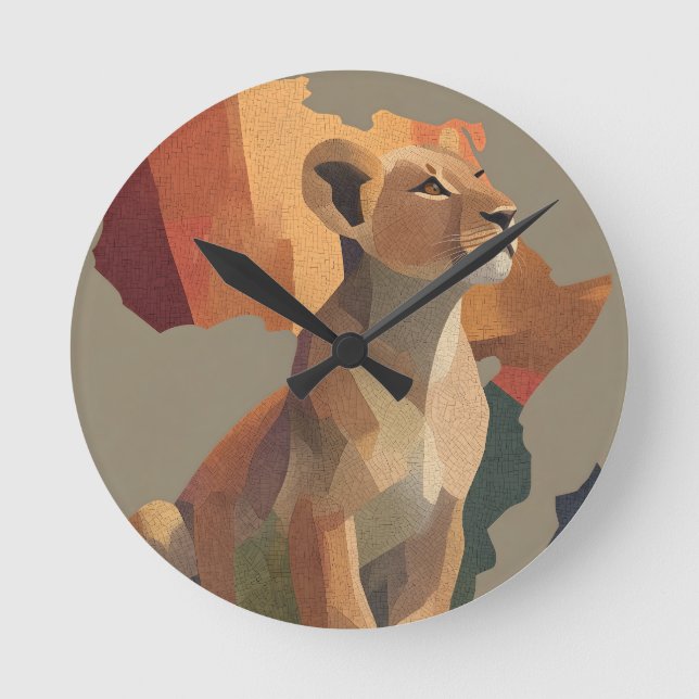 Geometric Mosaic Lioness with Stylized Africa Map  Round Clock (Front)