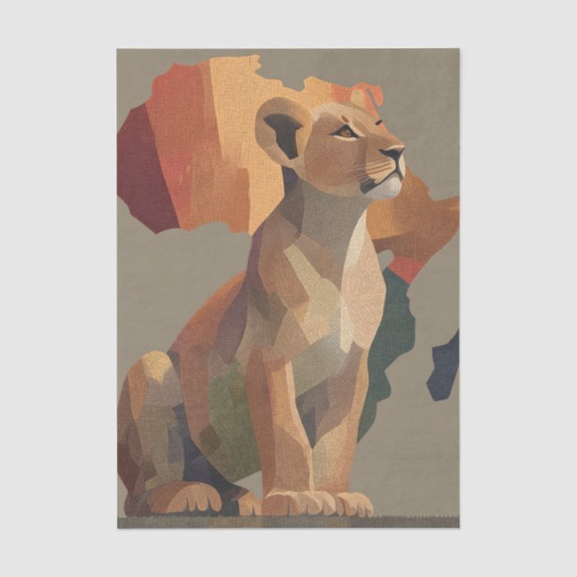 Geometric Mosaic Lioness with Stylized Africa Map  Tissue Paper (Front)